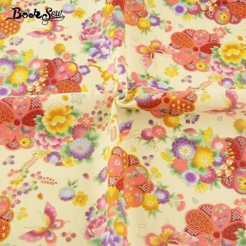 Booksew Cotton Linen Fabric Beige Sewing Tissue Butterfly And Flower Gold Foil Pattern For Bag Curtain Cushion Pillow Tablecloth