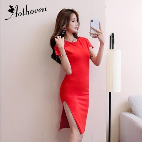 Summer Split Bodycon Dresses Elegant Short Sleeve O Neck Women Dress Office Lady Bandage Sexy Party Midi Pencil Dress Vestidos