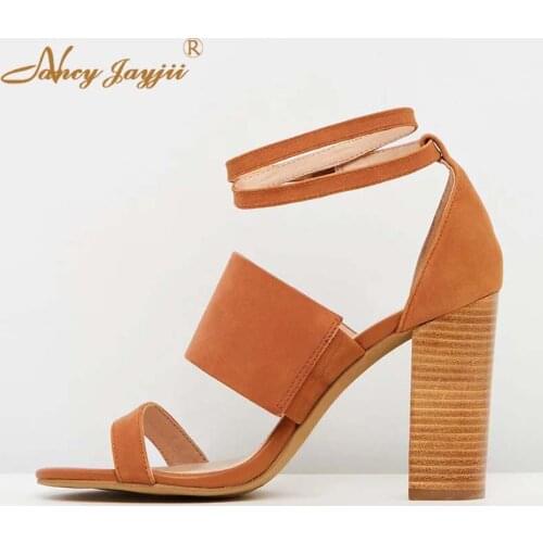 Nancyjayjii Fashion Tan Woman Summer Amond Shaped Open Toe Sandals Block High Chunky Heels Dress Casual Ankle Strap Shoes 4-16