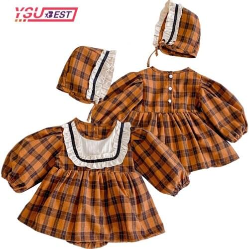 Newborn Clothes Autumn Baby Girl Romper Grid Clothes Cute Korean Baby Jumpsuit Cotton Dresses Romper+Hat 2Pcs Newborn Clothes