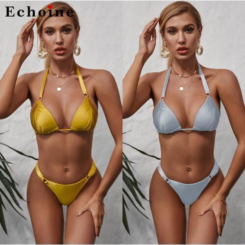 Pure Color Bikini Strap Swimsuit Women Glitter Swimwear Beach Halter Bra Bandage LaceUp Backless Charm Ladies Chic Two Piece Set