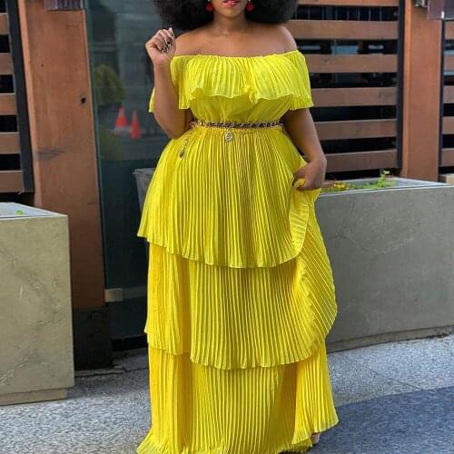 Plus Size Dress Women Off Shoulder Ruffle Pleated Indie Casual Beach Holiday Slash Neck Layered Summer Long Maxi Dresses Yellow