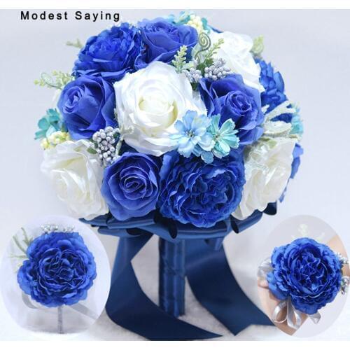 Romantic Royal Blue Artificial Flowers Rose Wedding Bouquets 2018 Wrist Corsage Bridal Hand Bouquet Garden Wedding Accessories