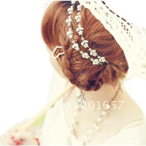 Romantic bridal crystal leaves elastic headband Wholesale fashion metal flower chain elastic headband wedding hairband+FGV