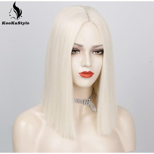 KOOKASTYLE Synthetic Wig Short Straight Wigs Middle Part White Blonde for Women Pink/Red Color for Cosplay Heat Resistant Fiber