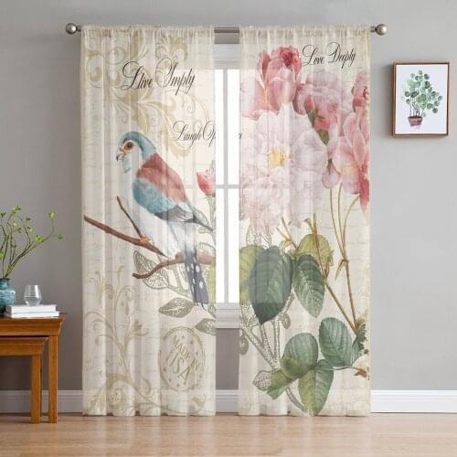 Vintage Letter Bird Rose Flower Retro Tulle Window Treatment Sheer Curtains for Living Room the Bedroom Curtains Decoration