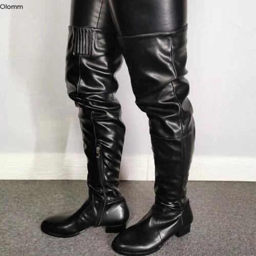 Olomm New Arrival Women Over The Knee Boots Comfort Square Low Heels Boots Round Toe Black Casual Shoes Women Plus US Size 5-15