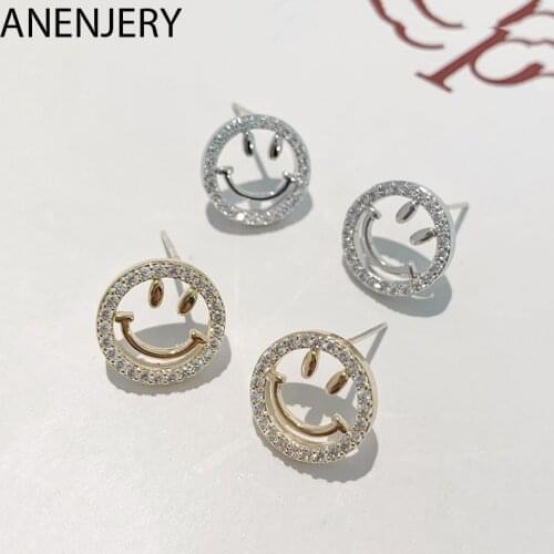 ANENJERY 925 Sterling Silver Sparkling Hollow Smiling Face Stud Earrings For Women Lady Jewelry Wholesale S-E1183
