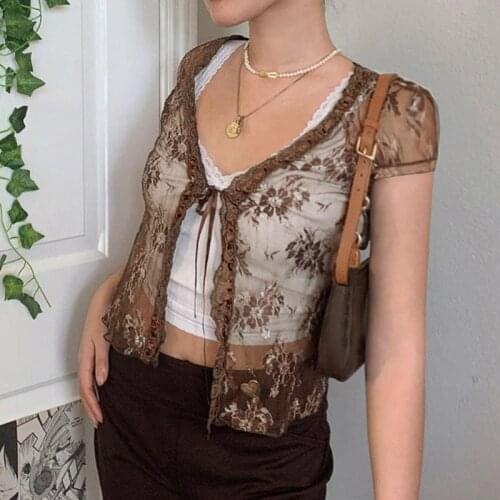 Brown Vintage Y2K Lace Crop Top Short Sleeve See Through Sexy Mesh Woman Tshirts V Neck Lace Up Floral Kawaii Clothes