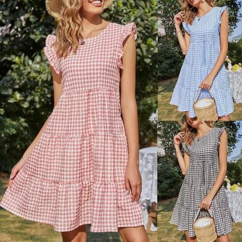 Summer Dress Female Ruffles Plaid Dresses Womens Clothing 2021 Round Neck Stitching Sleeves Dress For Woman Vestido Femme Robe