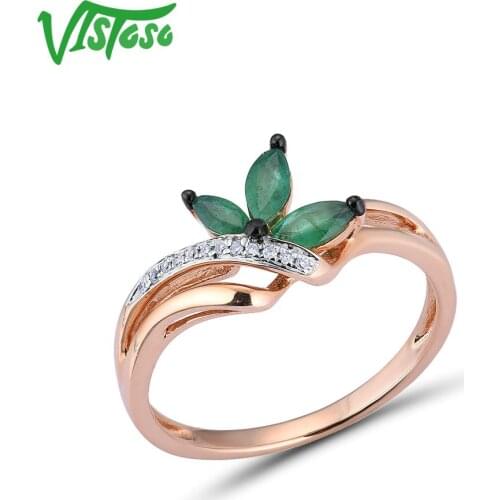 VISTOSO Gold Rings For Women Genuine 14K 585 Rose Gold Ring Magic Emerald Sparkling Diamond Engagement Anniversary Fine Jewelry