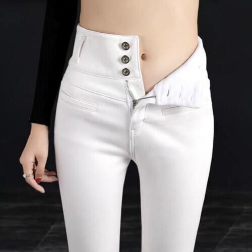 Winter Warm Velvet White Jeans Pants Women High Waist Skinny Stretchy Slim Jeans Mon Black Denim Trousers 4XL,5XL