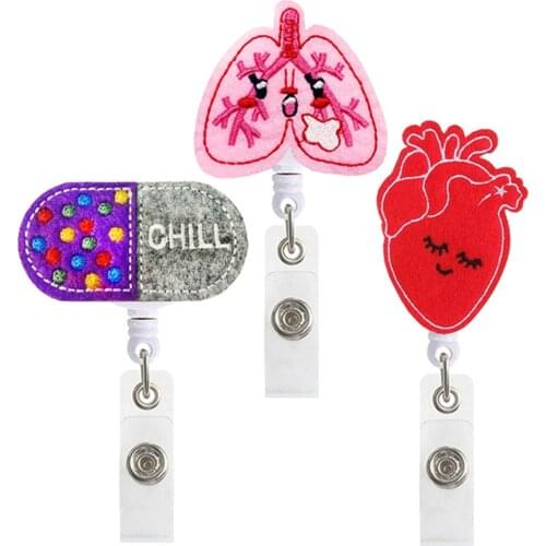 1PC Cute Cartoon Heart Lung Pill Retractable Nurse Badge Reel Clip Badge Holder Students Doctor ID Felt Embroidery Card Holder
