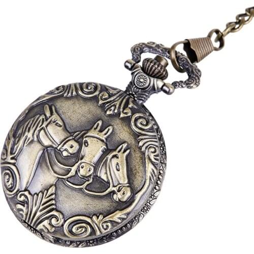 50pcs/lot Bronze Three horses Quartz Pocket Watch Men Women Gift Watch Pendant Fob Watches Wholesale