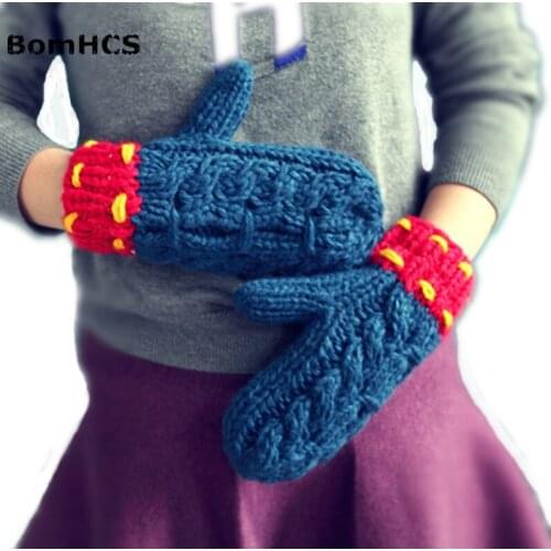 BomHCS Winter Thick Warm Handmade Knited Gloves Women Cable Knit Mittens