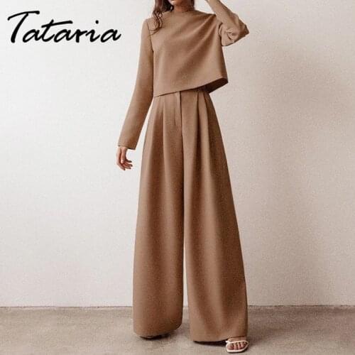 Minimalism Autumn Women Pants Set Two Piece Set Women Top and Pants O Neck Long Sleeve Shrit Wide Leg Pants Lady Trousers Mujer