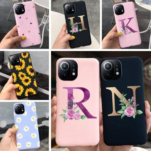 26 Letter Flowers Pattern Phone Case For Xiaomi Mi 11 Case Soft- Touch Liquid Silicone Bumper For Xiomi mi11 Xiaomi mi11 Cover