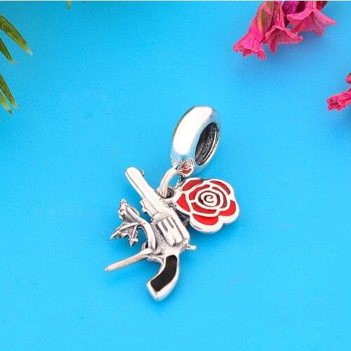 Black Gun Shape Dangle Charms Fit Original Charm Bracelets DIY Jewelry Making 925 Sterling Silver Red Rose Flower Beads