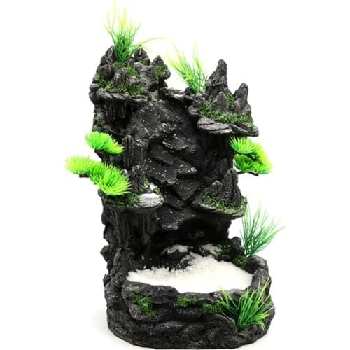 Mountain View Decor Rockery Landscape Rock Ornament with Trees Sand Waterfall Fish Tank Decoration No Fade Easy to Clean