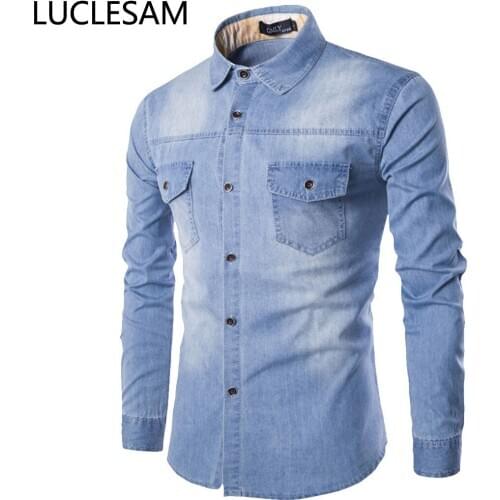 Denim Shirt Men 2020 Autunm Long Sleeve Mens Jeans Shirts Casual Slim Fit Streetwear Chemise Homme With Two Pockets Male Shirts