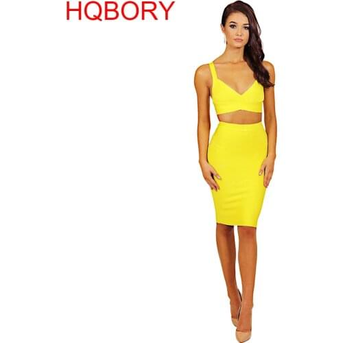 HQBORY Two Piece 2020 Womens High Quality Bodycon Clubware Yellow Knee Length Pencil Skirt Bandage Dress