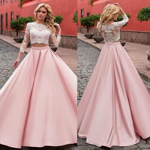 Amazing Ivory lace and Pink Satin Two Pieces Wedding Dress 3/4 Sleeves Floor Length Bridal Gowns vestidos novias boda