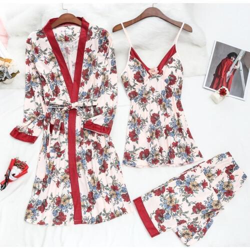 JULYS SONG Women Cotton Pajamas Set 3 Pieces Sexy Delicate Lace Pajamas Spring Summer Sleepwear Trousers Soft Casual Home wear