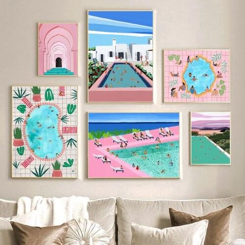 Pink Coastal Poster Summer Pool Party Beach Swimming Scandinavian Wall Art Cartoon Canvas Painting Prints for Living Room Decor