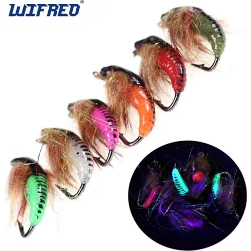 Wifreo 4PCS #6 Caddis Pupa Nymph Fly Trout Grayling Steelhead Fishing Bait Lure Ice Fishing Hook Baits UV Beadhead Pupa