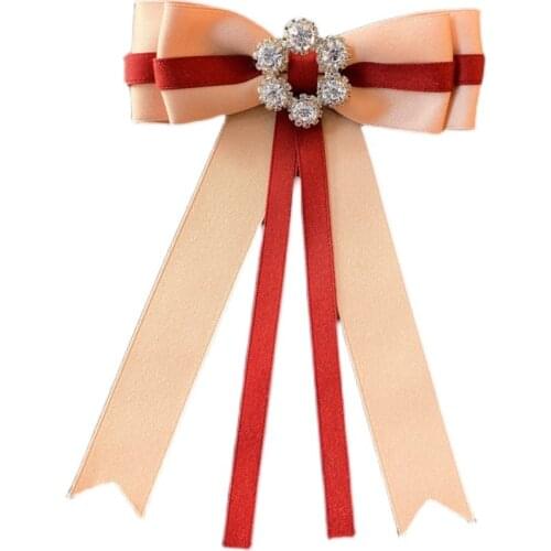 Retro Red Ribbon Bow Tie Brooch Crystal Fabric Shirt Collor Pins Neck Tie Wedding Luxulry Jewelry Brooches for Women Accessories