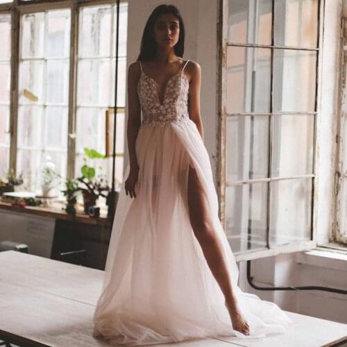 Sexy Beach Wedding Dresses A Line Stary Bridal Dress Vestido de Noiva 2021 Spaghetti Straps Summer Boho Wedding Gowns