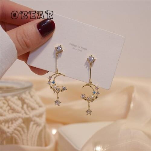 OBEAR 14k Real Gold Electroplating Korean Geometric Crystal Moon Star Pearl Tassel Water Drop Stud Earrings Women Fashion Party
