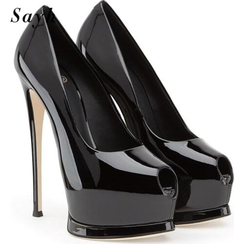 Classic Women Patent Leather Pumps Peep Toe Stilettos Thin High-Heel Platform Office Lady Shoes Size Plus
