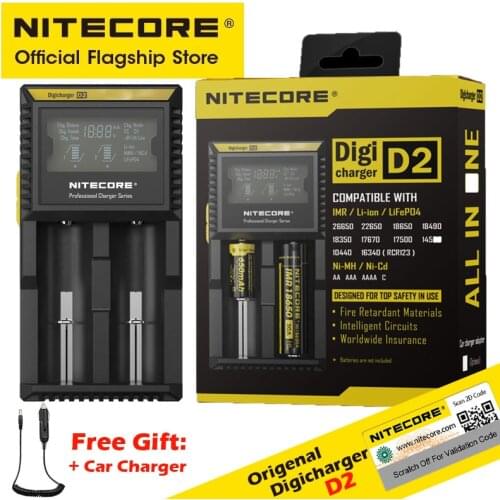NITECORE D2 Smart Battery Charger 18650 Dual Slot Intelligent Digicharger For Li-ion IMR LiFePO4 22650 14500 AA AAA, Car Charger