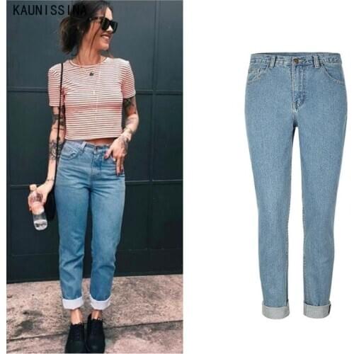 Vintage Boyfriend Jeans Autumn Winter Women Harem Pants Loose High Waist Jeans Blue Denim Pants Casual Chic Long Trousers