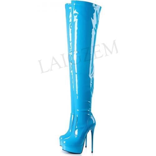 LAIGZEM Patent Platform Thigh High Heel Womens Boots Party Club Stage Shoes Woman Side Long Zip Botines Mujer Big Size 34-52