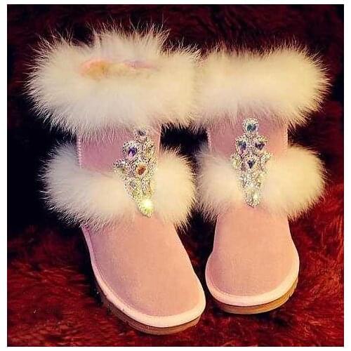 Ladies fox fur pink handmade water diamond diamond thickened anti-skid warm snow boots fur boots