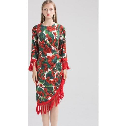 Irregular Tassel Dresses Vintage Women 2021 Autumn Asymmetrical Draped Waist New Fashion Runway Floral Print Midi Dress