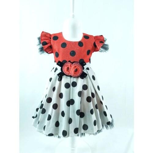 Girls Glitter Printed Polka Dot Clothes Collar Zipper Woven Crepe Trend Short Sleeve Red Belted Young