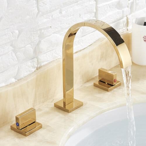 Golden Bathroom Basin Faucet Hot and Cold Water Faucet Three Holes Two Handle Mixers Tap Deck Mount Wash Tub FauctesBasin faucet