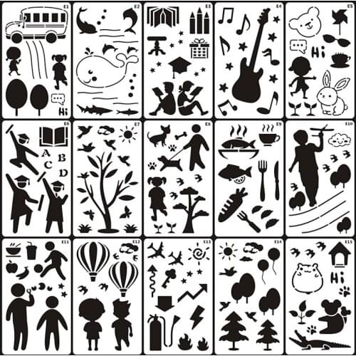 15 Sheets Stencils Accessories DIY Walls Layering Graffiti Painting Template Decor Scrapbook Diary Coloring Embossing Reusable