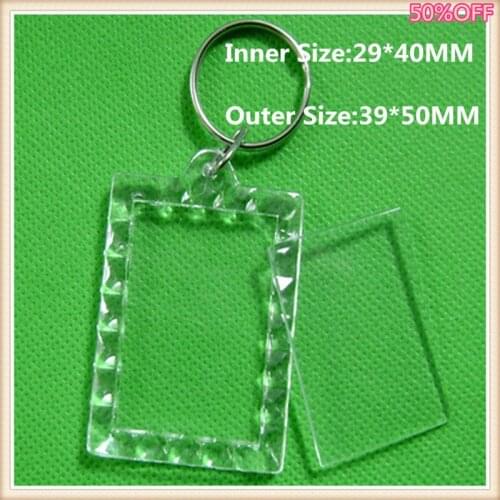50Pcs/lot Rectangular lace DIY Acrylic Blank Picture Frame Keychains Transparent Blank Insert Photo Key rings For Gift