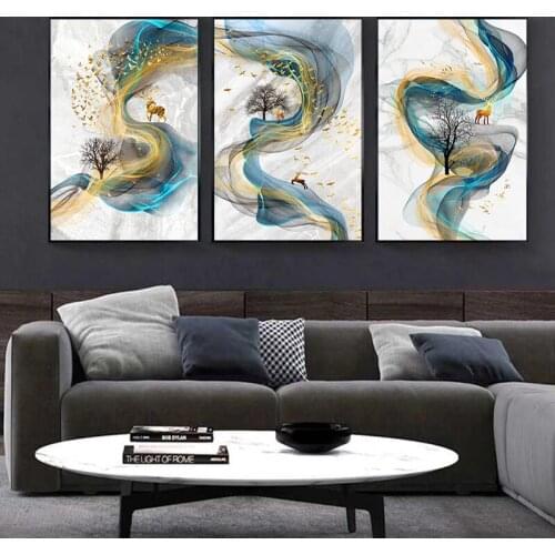 Abstract Gold Deer Ribbon Luxury Poster Canvas Painting Minimalist Picture Home Decor Wall Art Print for Living Room Design