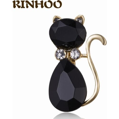 RINHOO Fashion Black Cat Rhinestone Crystal Brooches For Women Zircon Cat Brooches Charm Animal Brooches Female Girl Jewelry