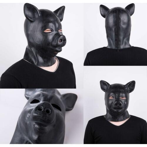 Pigs Head Cover Patent Leather Black Mask Natural Emulsion Alternative Toy Funny Mask Cosplay Mask restraints bdsm bondage gag