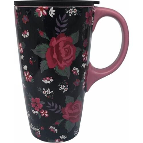 French Korean Rose Pattern Ceramic Travel Cup with Plastic Cover mugs tumbler with straw coffee cups cup turner