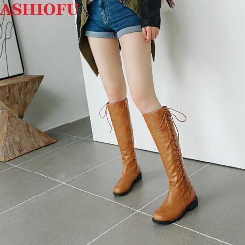ASHIOFU Hot Sale New Handmade Ladies Blocked Heel Boots Shinny Brown Faux-leather Knee Boots Cross-shoelace Party Fashion Boots