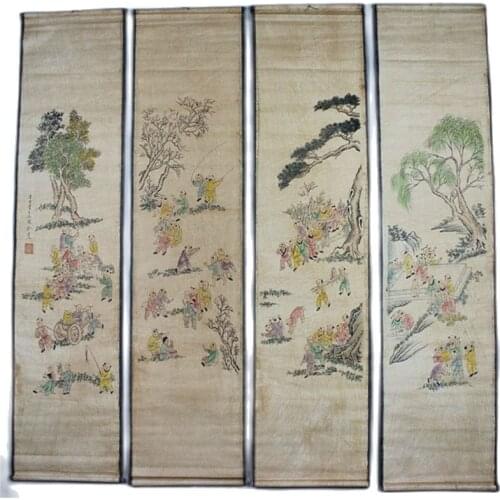 China Old Scroll Painting Four Screen Paintings Middle Hall Hanging Painting Hundred Child Graph Paintings