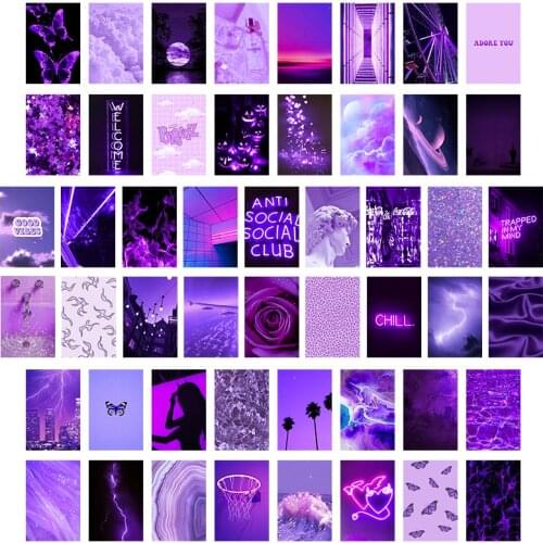 50Pcs Purple Aesthetic Picture for Wall Collage Set Neon Collages Print Kit Warm Color Bedroom Decoration for Girls and Boys
