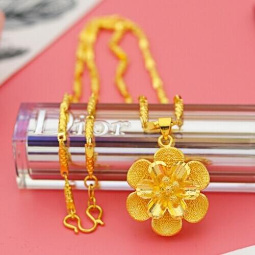 KOREAN GOLD NECKLACE CHOKER ELEGANT FLOWER 14K YELLOW GOLD PENDANT NECKLACE WOMENS WEDDING ENGAGEMENT JEWELRY NO FADE